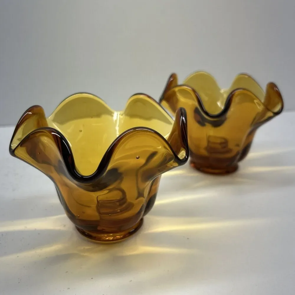LOT OF 2‎ LARGE HEAVY HANDBLOWN AMBER DEPRESSION GLASS CANDLE HOLDERS